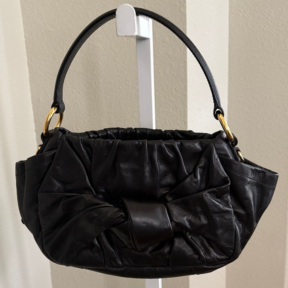 Prada Black Pleated Leather Bow Shoulder Bag